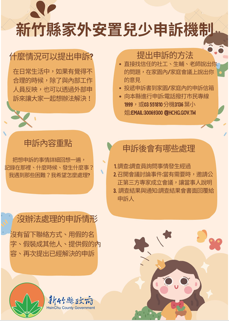 本中心已依社家署規定，於官網公開對家外安置兒少外部申訴機制，確保申訴渠道透明且便捷，維護兒少權益。本中心直屬新竹縣家外安置兒少外部申訴機制及申訴書。若您有需要請自行下載使用。